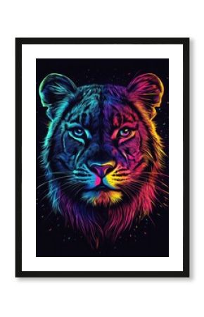 Colorful lion face shining in the dark with neon colors