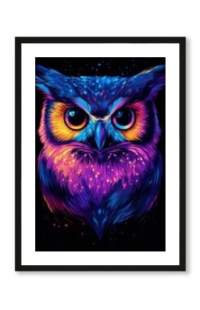 Majestic owl vibrating in neon colors on dark background