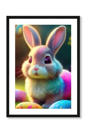 A cheerful bunny sits among colorful easter eggs in a lively spring garden, enjoying the holiday.