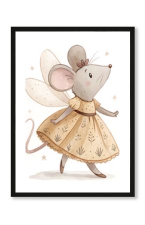 Sweet princess mouse with wings and floral dress. Fantasy animal with crown, whiskers. Soft pastel illustration