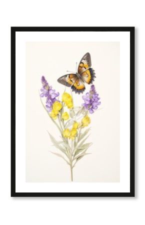 Butterfly with yellow and purple flowers lavender drawing insect.