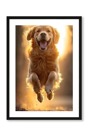 Happy golden retriever dog jumping