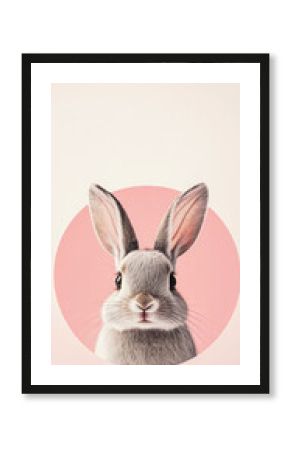 Minimalist image of an adorable gray rabbit centered in a pink circle on a soft neutral background, ideal for Easter themes