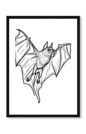 Illustrated bat with detailed wings, black and white line art.