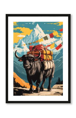 Poster with yak carrying cargo. Nepal mountain view on background