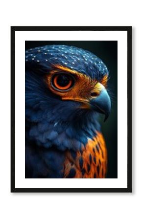 Close up of Vibrant Bird of Prey with Blue Feathers and Orange Markings