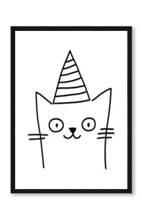 Minimal illustration of cat wearing party hat drawing sketch black.