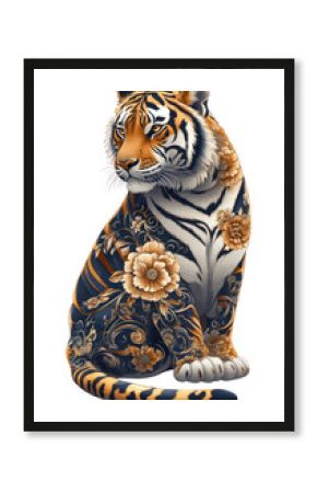 PNG A elegant tiger sitting down illustration wildlife pattern.