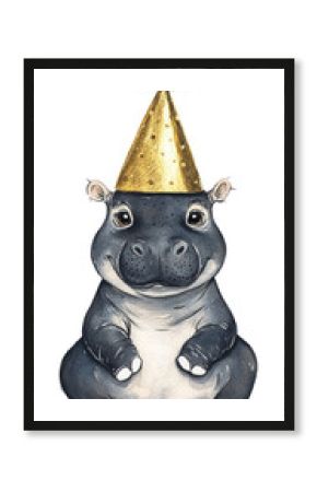 PNG Happy Baby hippo wearing a Gold Party Hat hat illustration watercolor.