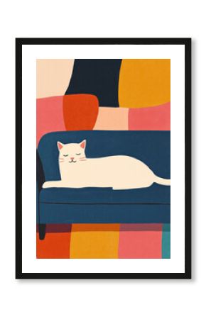 Colorful illustration of a cat lounging on a cozy sofa