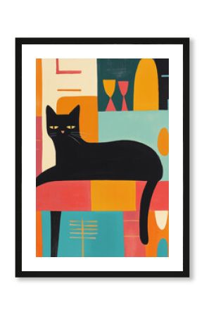Abstract black cat lounging in vibrant geometric patterns