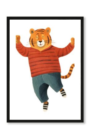 PNG Tiger wearing pants jumping cartoon anthropomorphic representation.