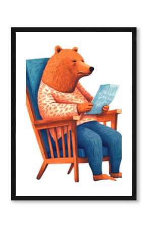PNG Full body bear reading a book on a armchair furniture mammal representation.