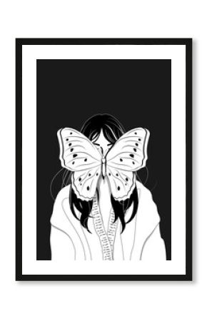 Butterfly on woman face background, black and white design