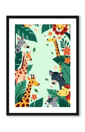 Vector illustration of a whimsical design featuring cute jungle animals in a seamless pattern, seamless, cute
