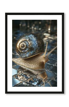 Snail with Mirrored Disco Ball Shell Crawling on Reflective Tiles