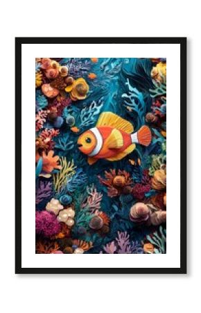 Tropical fish swim among coral reefs