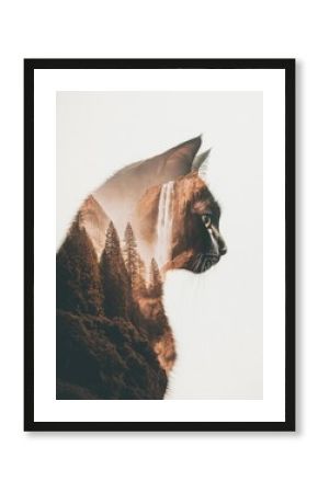 Double Exposure of Cat Profile and Forest Waterfall Landscape Nature Art Photography