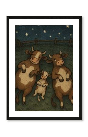 Cows stargazing under night.