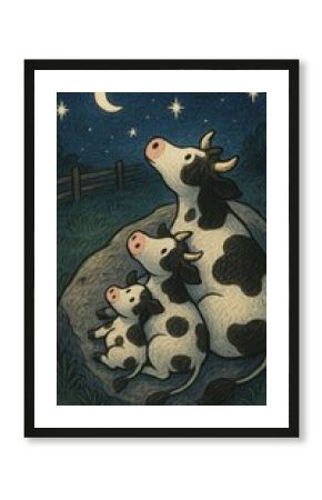 Whimsical cows stargazing night
