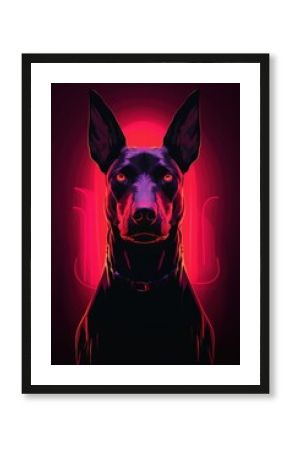 Illustration savage Dobermann neon rim light purple portrait animal.