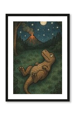 Dinosaur stargazing under volcano.