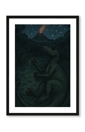 Dinosaur beneath starry volcanic night.