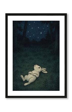 Rabbit stargazing in forest night.