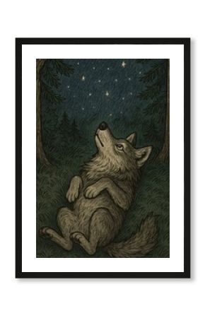 Wolf stargazing in forest night.