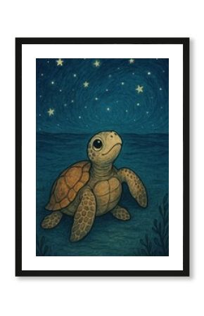 Whimsical turtle under starry sky.
