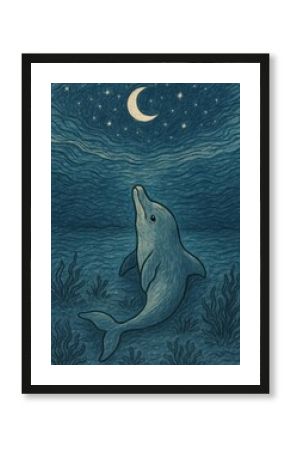 Dolphin gazing at moonlit sky.