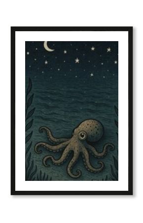 Whimsical octopus under stars.