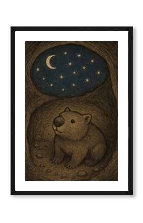 Wombat stargazing in burrow.