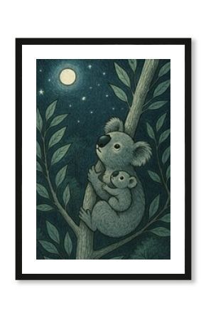 Koalas stargazing under moonlight.