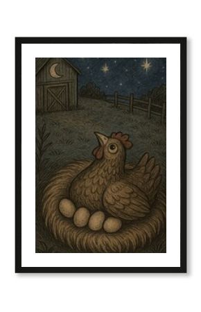 Whimsical night chicken illustration.
