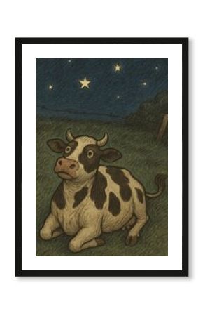 Whimsical cow under stars.