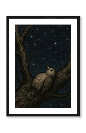 Bird stargazing on tree branch.