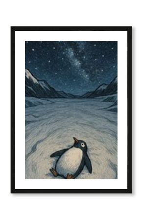 Penguin stargazing under stars.