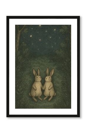 Whimsical rabbits under starry sky.