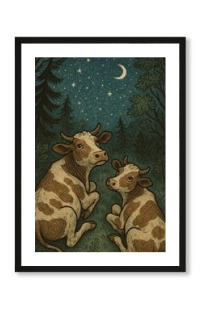 Cows stargazing in forest