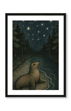 Seal stargazing in forest night
