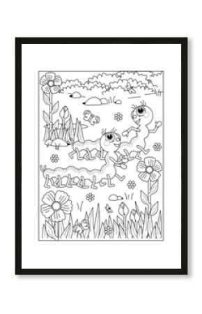 Spring or summer joy coloring page with caterpillars, flowers, grass. 