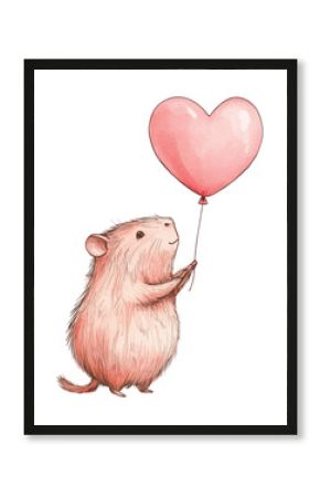 PNG A cute capybara in pink holding heart-shaped balloon animal design illustration.