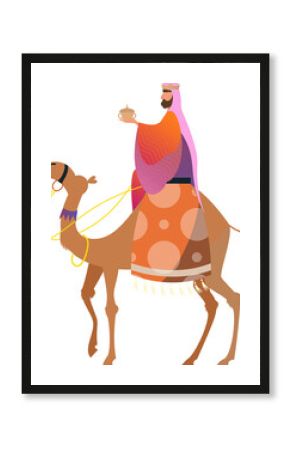 Crowned traveler is riding camel and holding golden vessel in flat vector art, transparent backdrop
