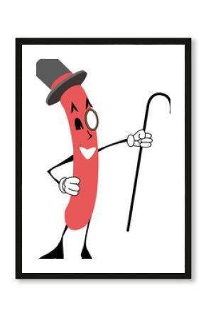 Flat design sausage character is striking pose on transparent background with top hat and cane