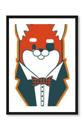 Flat design anthropomorphic fox is wearing dark suit with top hat, red bow tie, transparent canvas