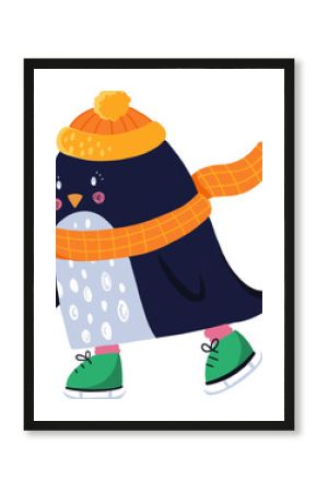 Stylized penguin is gliding on green ice skates, orange pompom hat and checkered scarf, transparent
