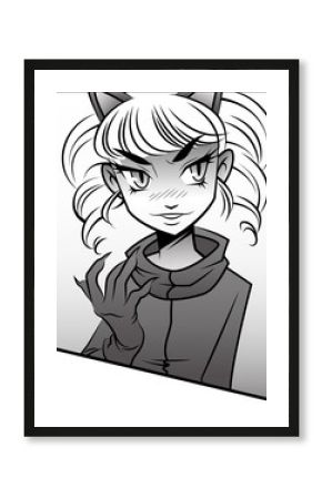 Stylized cat-like heroine is posing in mono cartoon, scarf and clawed glove on transparent backdrop