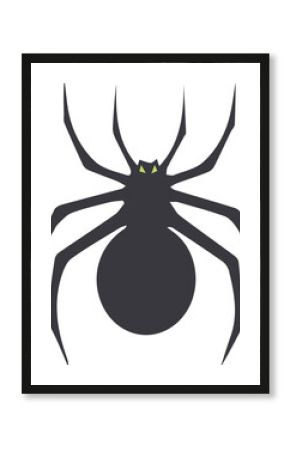 flat spider silhouette is crawling with eight legs and glowing green eyes on transparent background
