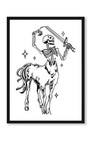 Line art illustration is showing skeletal centaur warrior wielding broadsword on transparent field